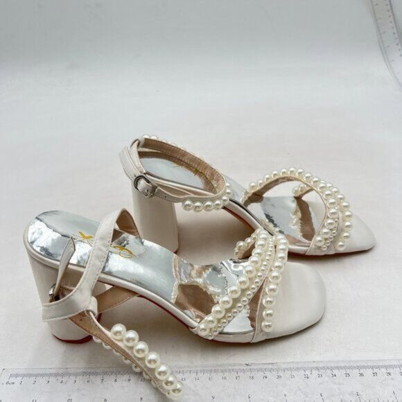XYD Women's Pearl Strappy Bridal Open Toe Sandals Block High Heels Ankle Strap - Picture 4 of 7